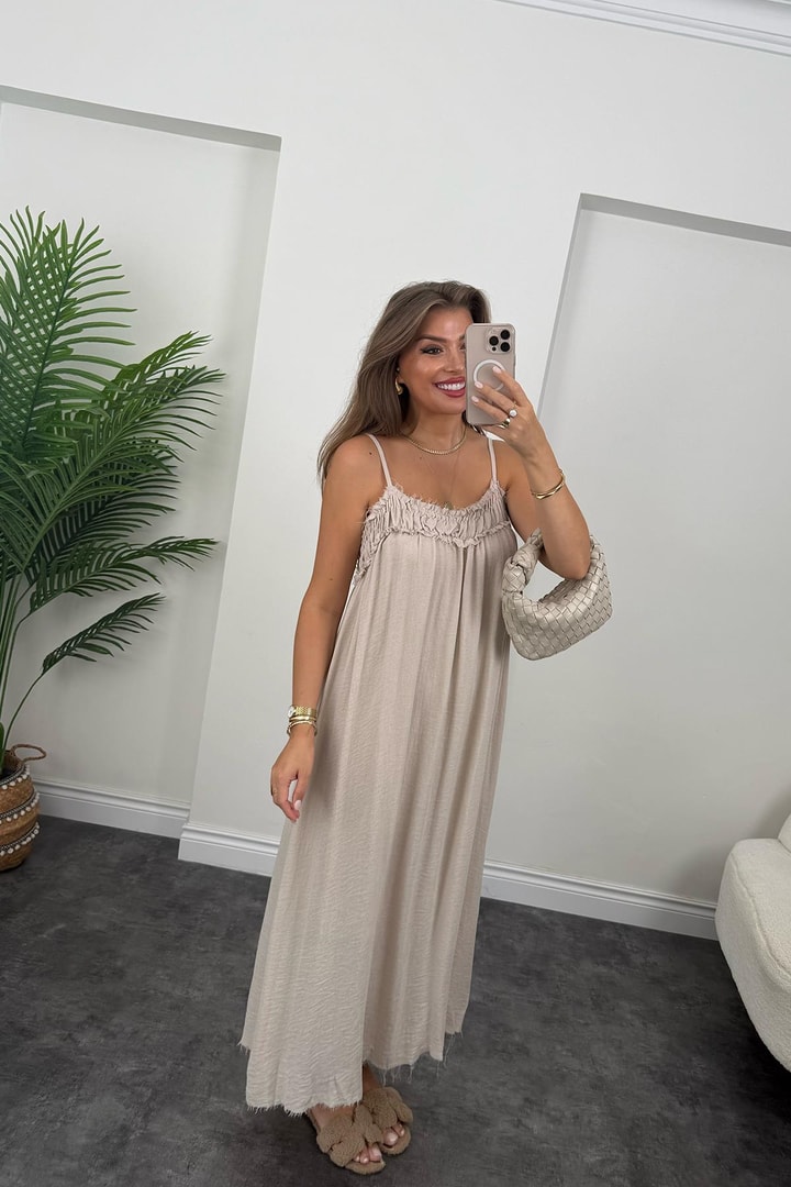 Premium Seri %100 Organik Kumaş Maxi Salaş Elbise Naturel Taş