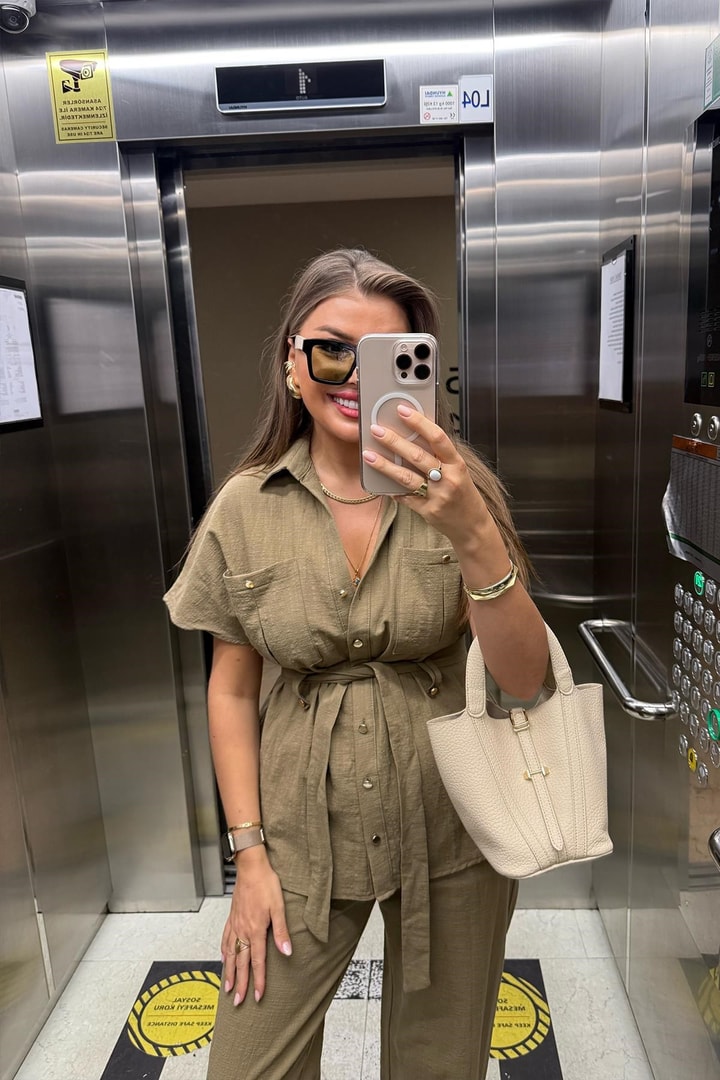 Premium Seri %100 Pamuk Keten Gold Düğmeli Takım Haki 