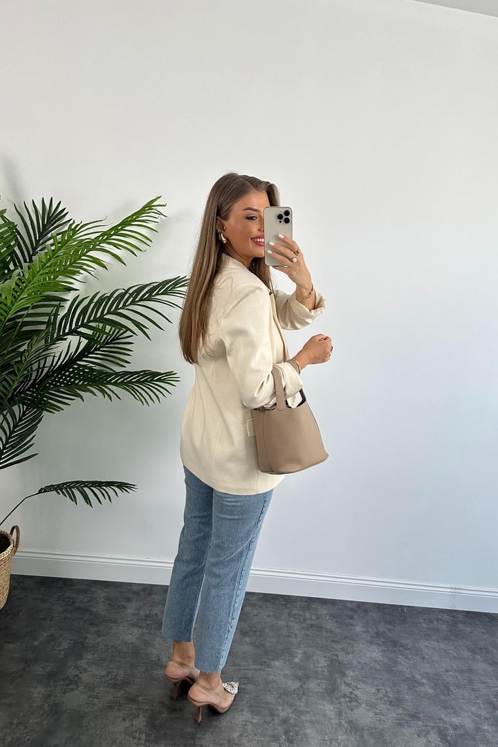 Premium Seri %100 Pamuk Keten Yazlık Blazer Taş