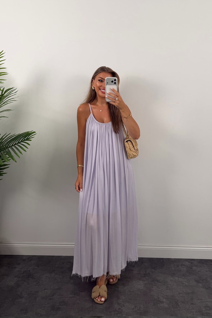 Premium Seri %100 Pamuk Maxi Salaş Elbise Lila