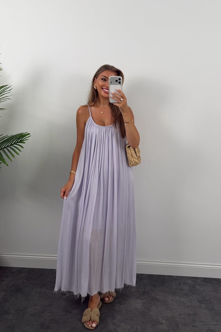 Premium Seri %100 Pamuk Maxi Salaş Elbise Lila