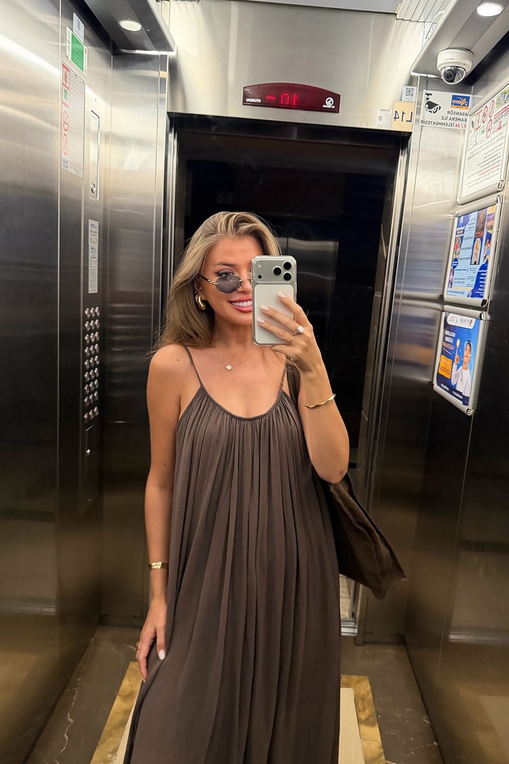 Premium Seri %100 Pamuk Maxi Salaş Elbise Kahverengi  