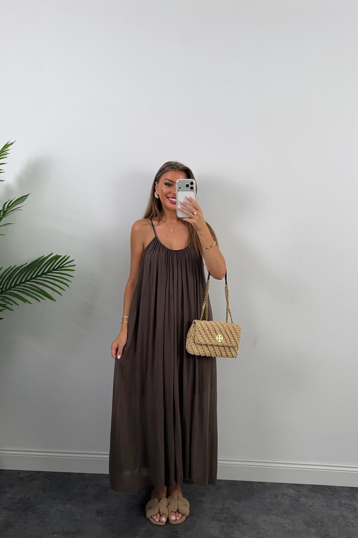 Premium Seri %100 Pamuk Maxi Salaş Elbise Kahverengi  