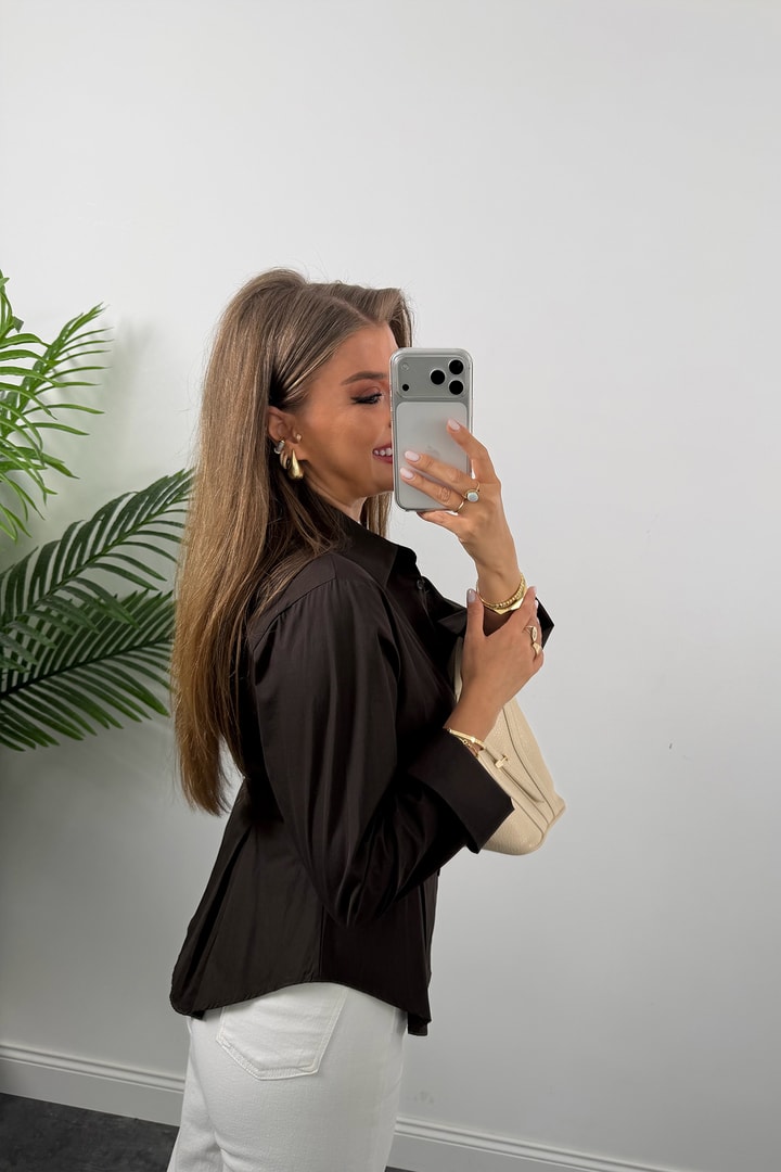 Premium Seri %100 Pamuk Oturtma Pileli Gömlek Acı Kahve