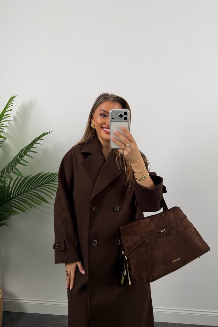 Premium Seri 4 Düğmeli Kol Detay Oversize Maxi Kaşe Kaban Acı Kahve