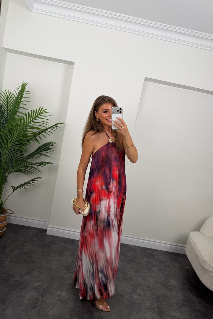 Premium Seri Batik Desenli Salaş Maxi Elbise Kırmızı Desenli