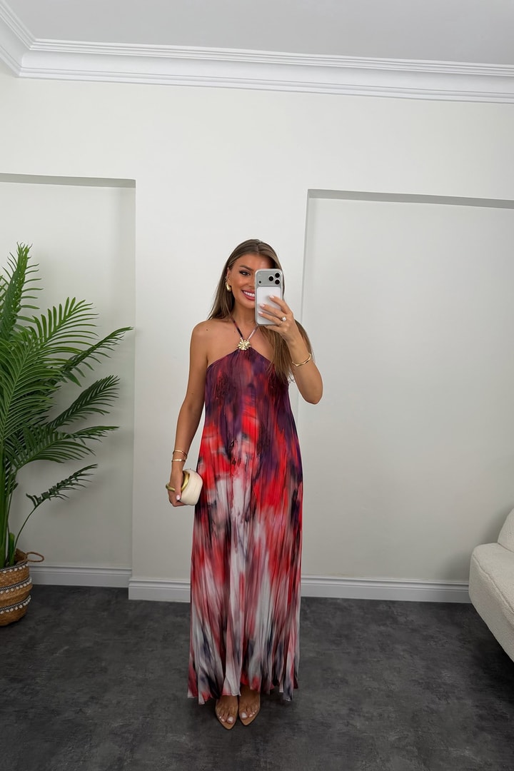 Premium Seri Batik Desenli Salaş Maxi Elbise Kırmızı Desenli
