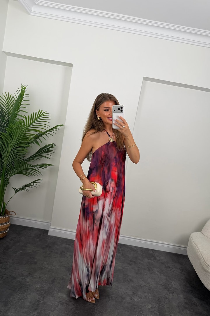 Premium Seri Batik Desenli Salaş Maxi Elbise Kırmızı Desenli