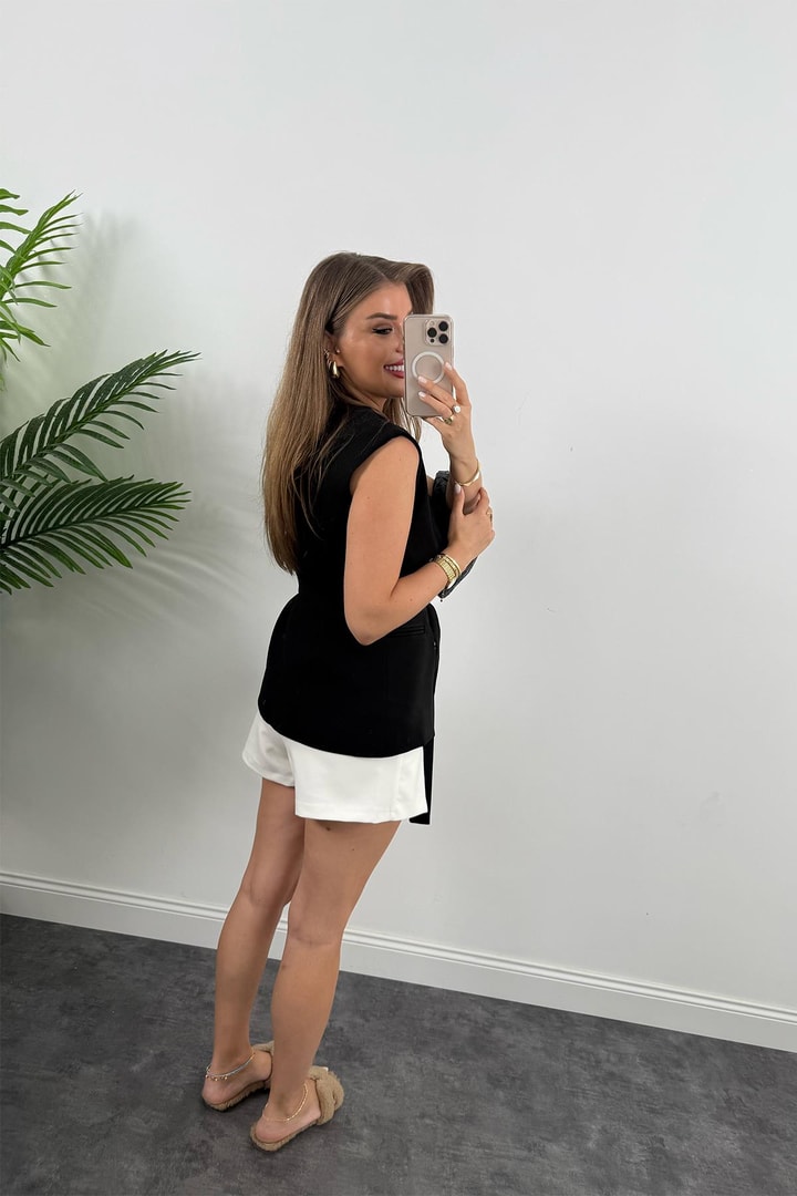 Premium Seri Belden Oturtma Kuşaklı Double Kumaş Yelek Siyah
