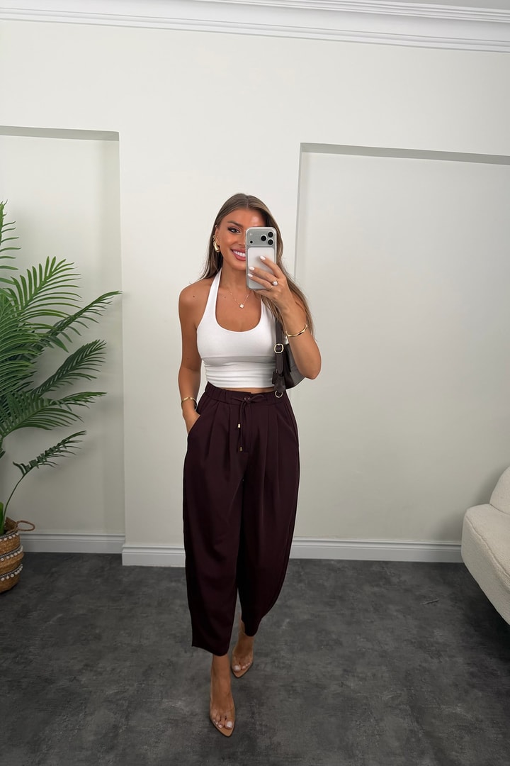 Premium Seri Beli İpli Dökümlü Kumaş Harem Pantolon Mürdüm