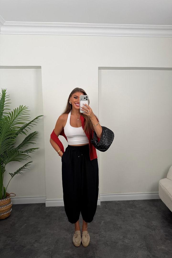 Premium Seri Beli İpli Tensel Baggy Pantolon Siyah