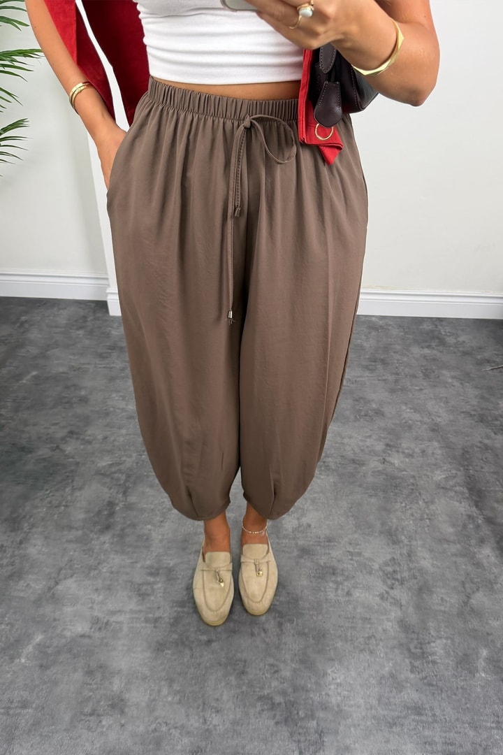 Premium Seri Beli İpli Tensel Baggy Pantolon Kahve