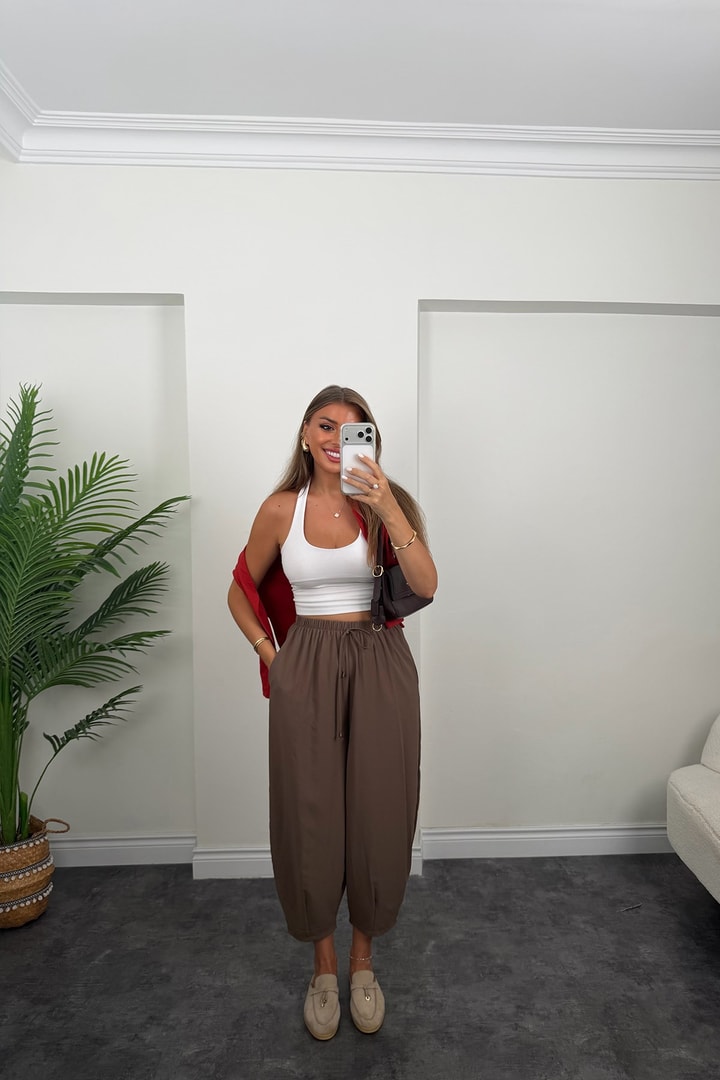 Premium Seri Beli İpli Tensel Baggy Pantolon Kahve