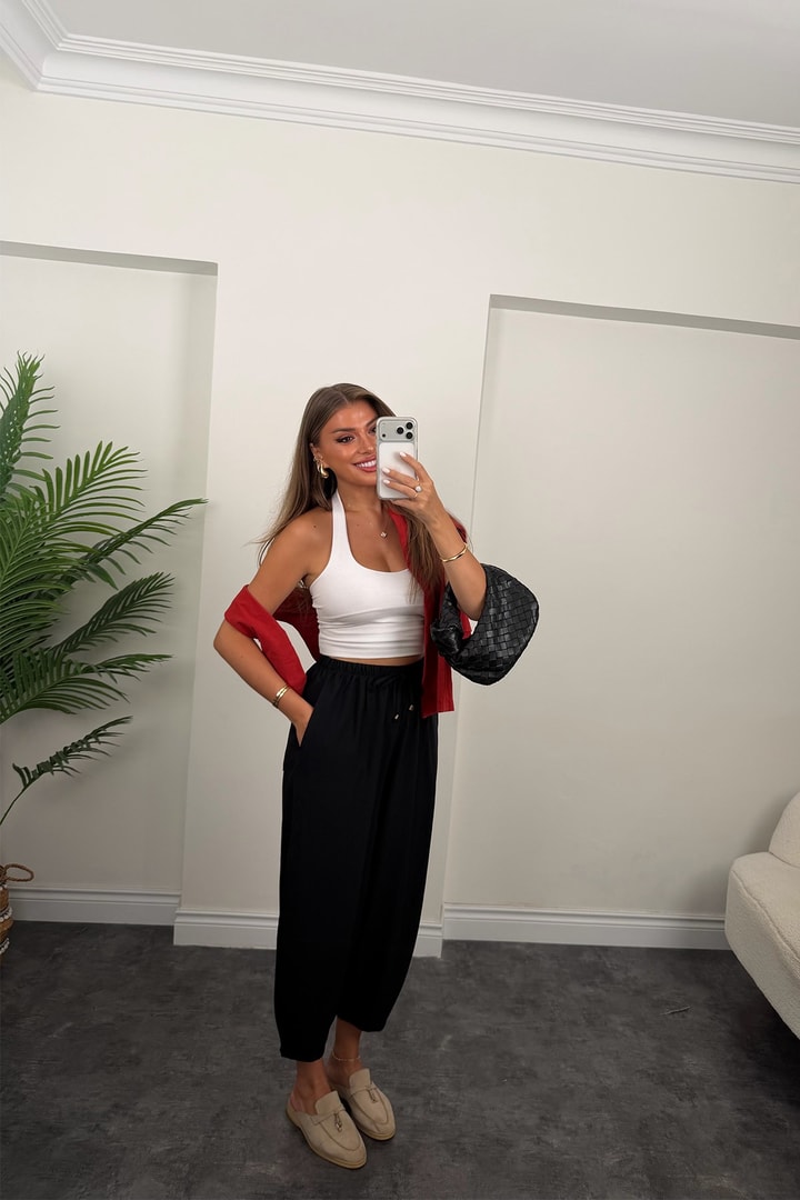 Premium Seri Beli İpli Tensel Baggy Pantolon Siyah