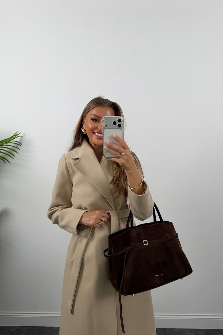 Premium Seri Beli Kuşaklı Basic Maxi Kaşe Kaban Taş  