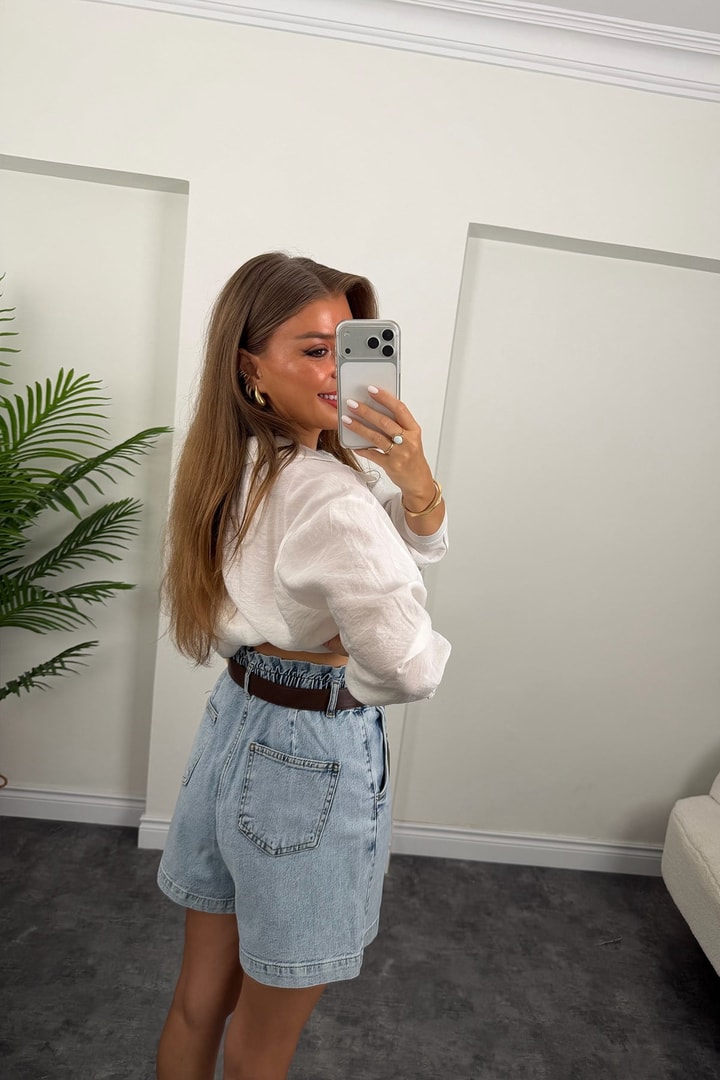 Premium Seri Beli Lastikli Şehir Boy Jean Şort Açık Mavi