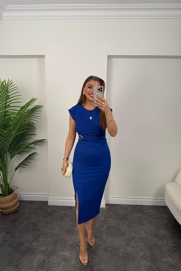 Premium Seri Beli Tokalı Midi Boy Yırtmaçlı Kalem Elbise Sax Mavi