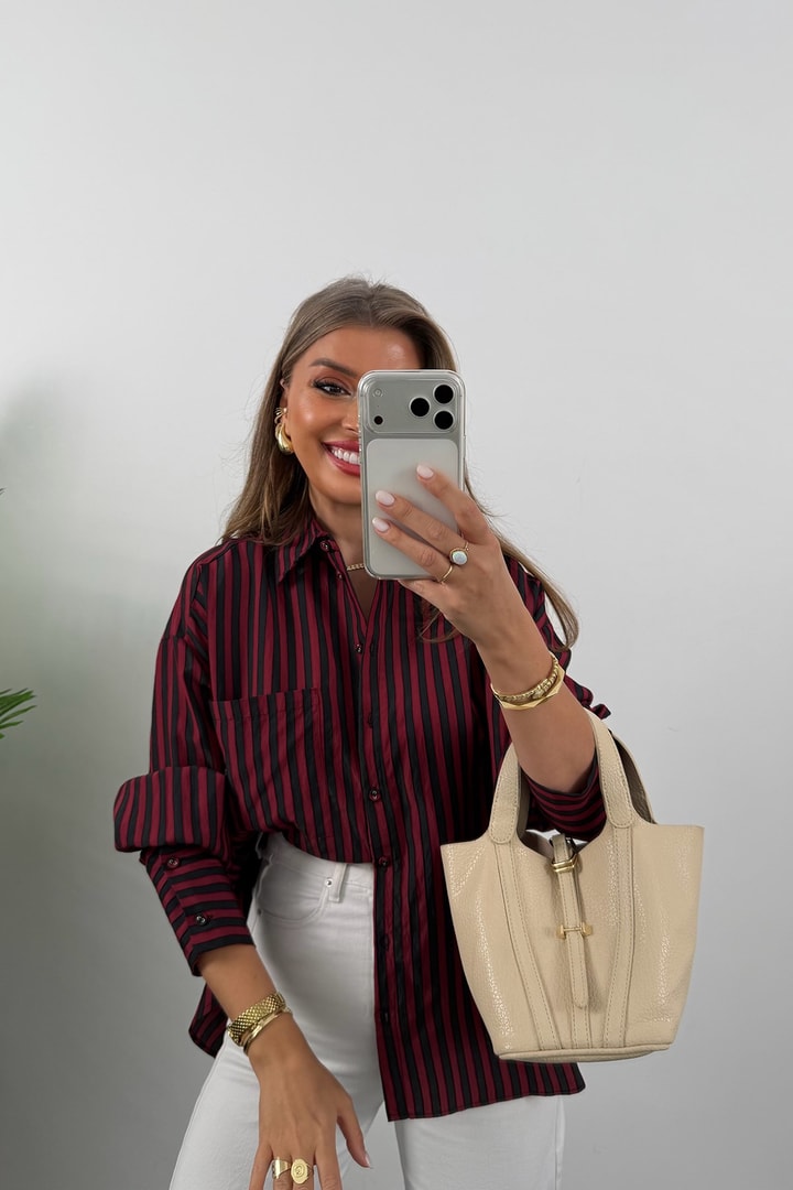 Premium Seri Bordo Siyah Çizgili Tensel Gömlek