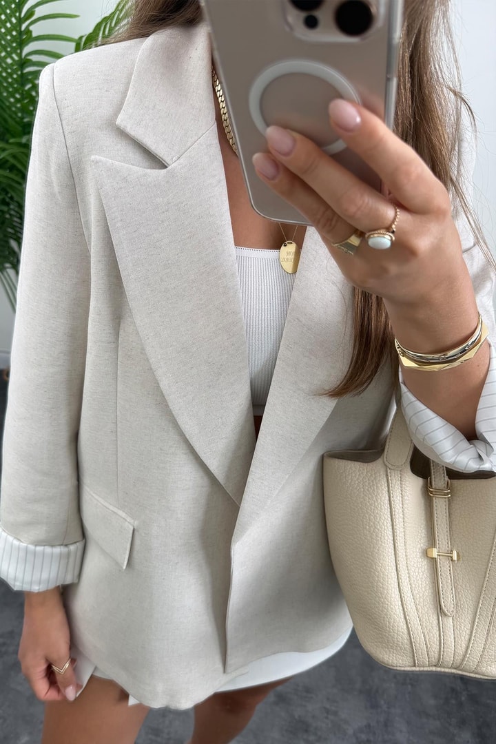 Premium Seri Çizgili Astar Organik Kumaş Keten Blazer Ceket Naturel Taş