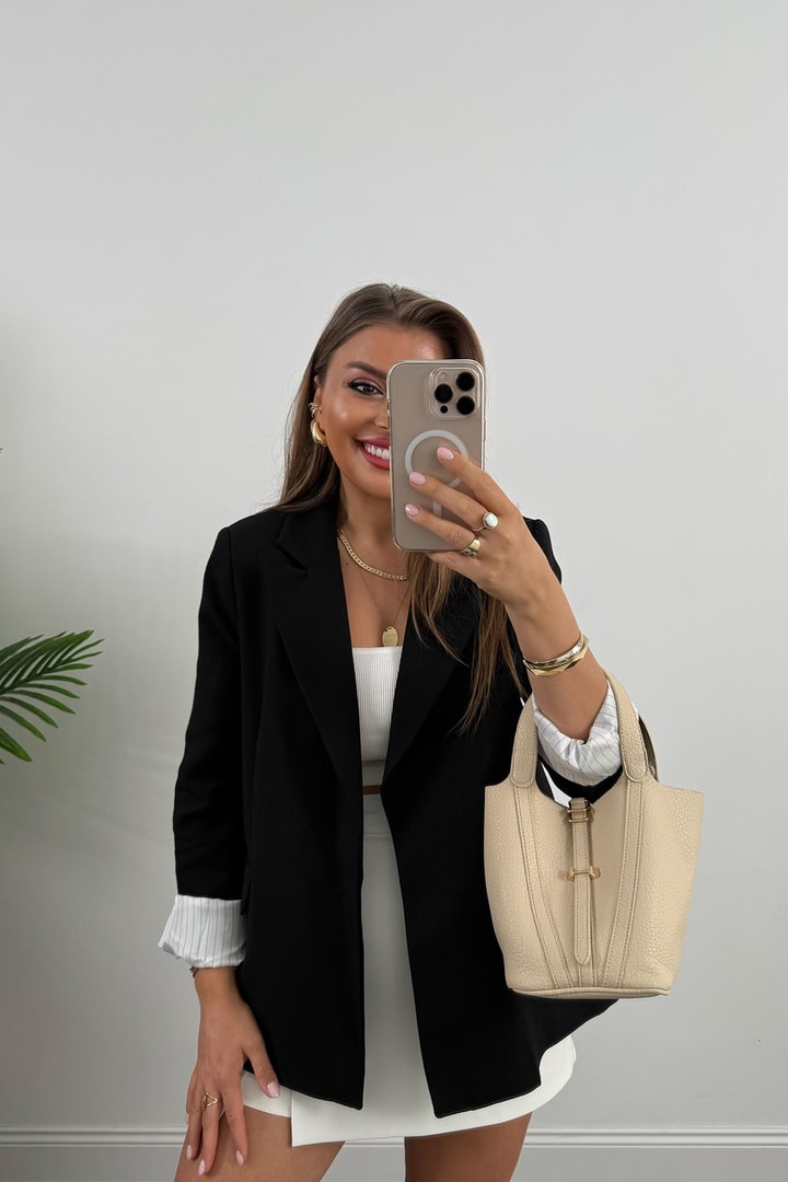 Premium Seri Çizgili Astar Organik Kumaş Keten Blazer Ceket Siyah
