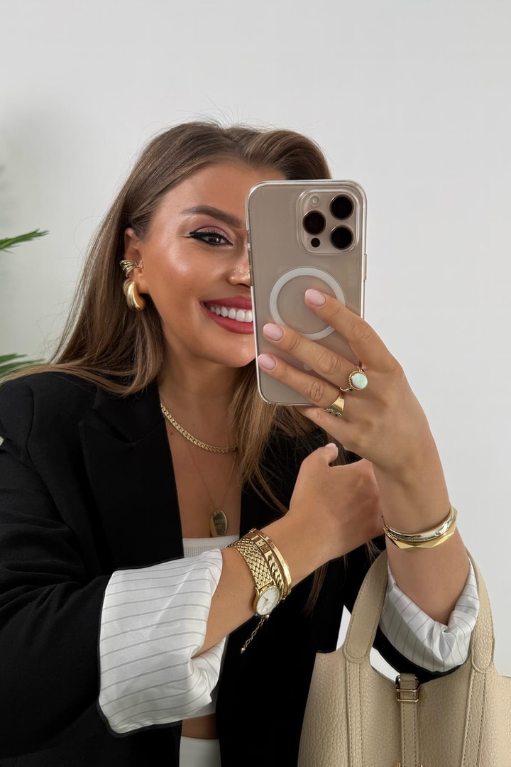 Premium Seri Çizgili Astar Organik Kumaş Keten Blazer Ceket Siyah