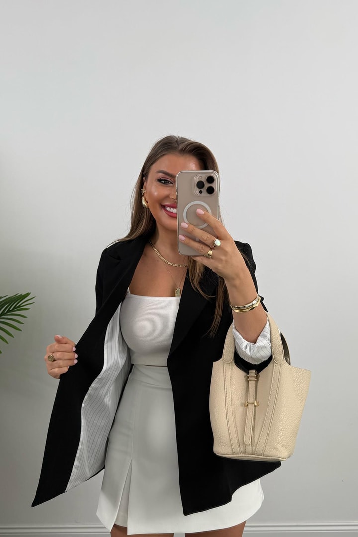 Premium Seri Çizgili Astar Organik Kumaş Keten Blazer Ceket Siyah