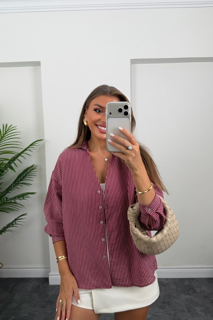 Premium Seri Çizgili Tensel Gömlek Bordo