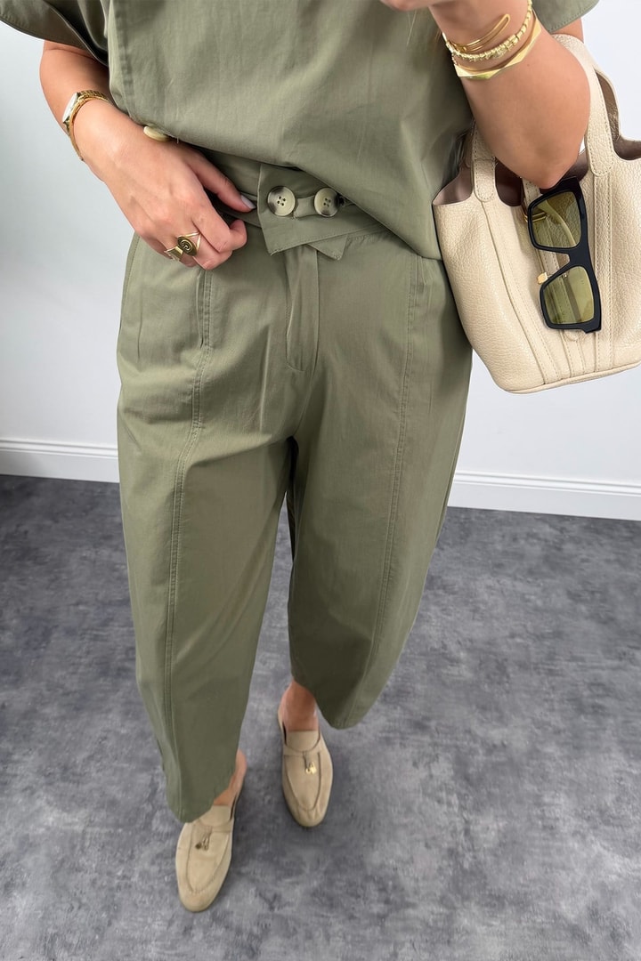 Premium Seri Dik Yaka Yelek Pantolon Harem Takım Haki