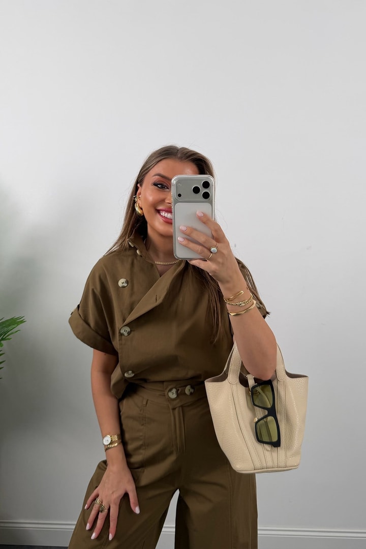 Premium Seri Dik Yaka Yelek Pantolon Harem Takım Bakır Kahve