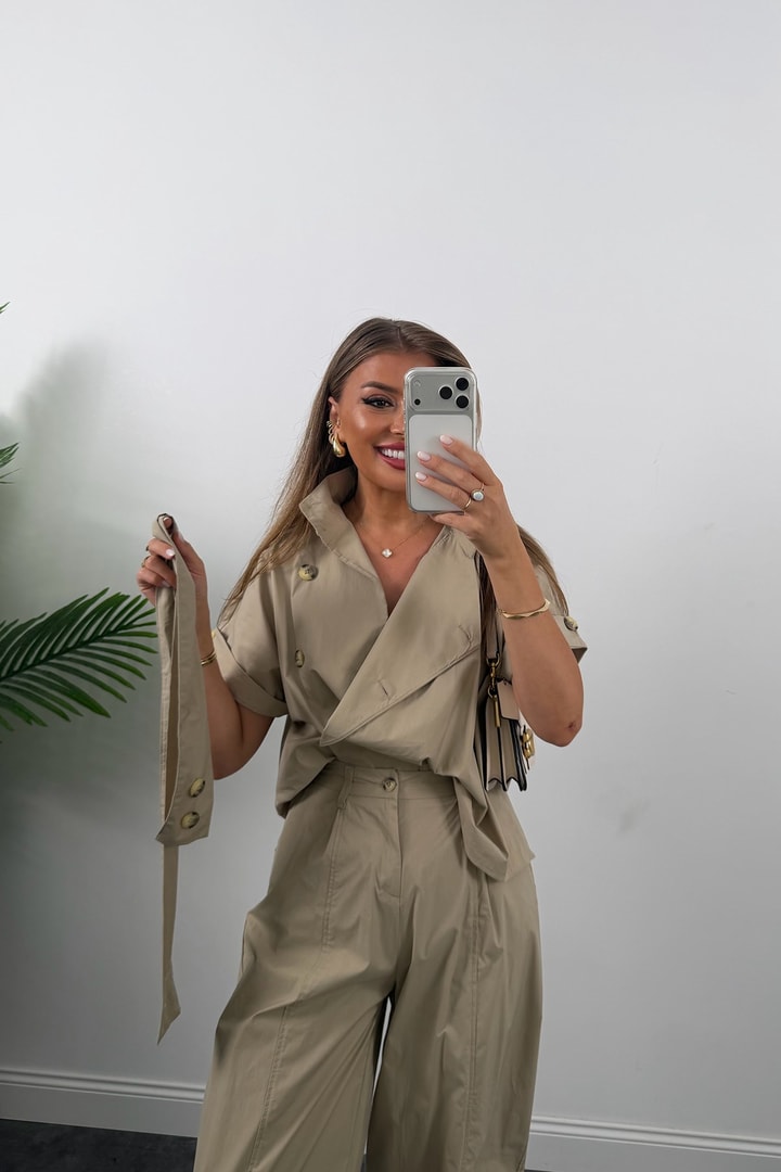 Premium Seri Dik Yaka Yelek Pantolon Harem Takım Bej