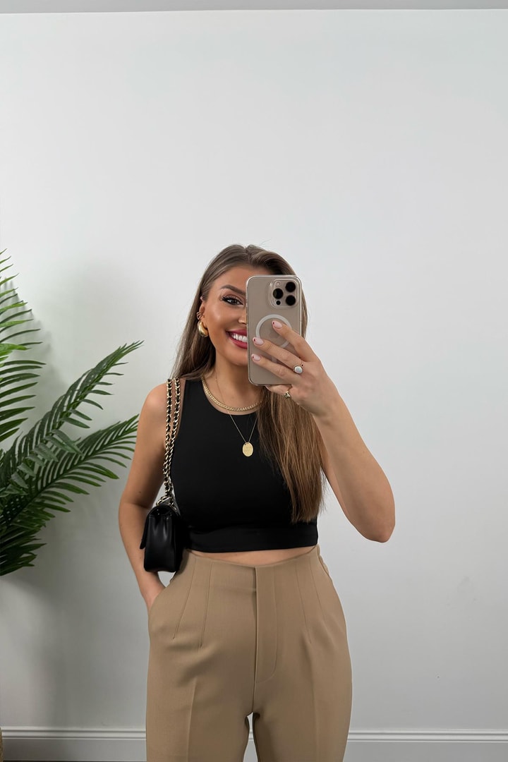Premium Seri Double Kumaş Arka Beli Lastikli Flatolu Pantolon Camel