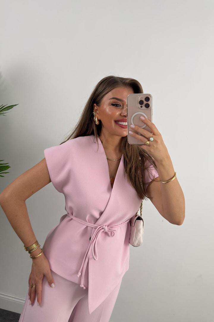 Premium Seri Double Kumaş Bağlamalı Asimetrik Yelek Pastel Pembe