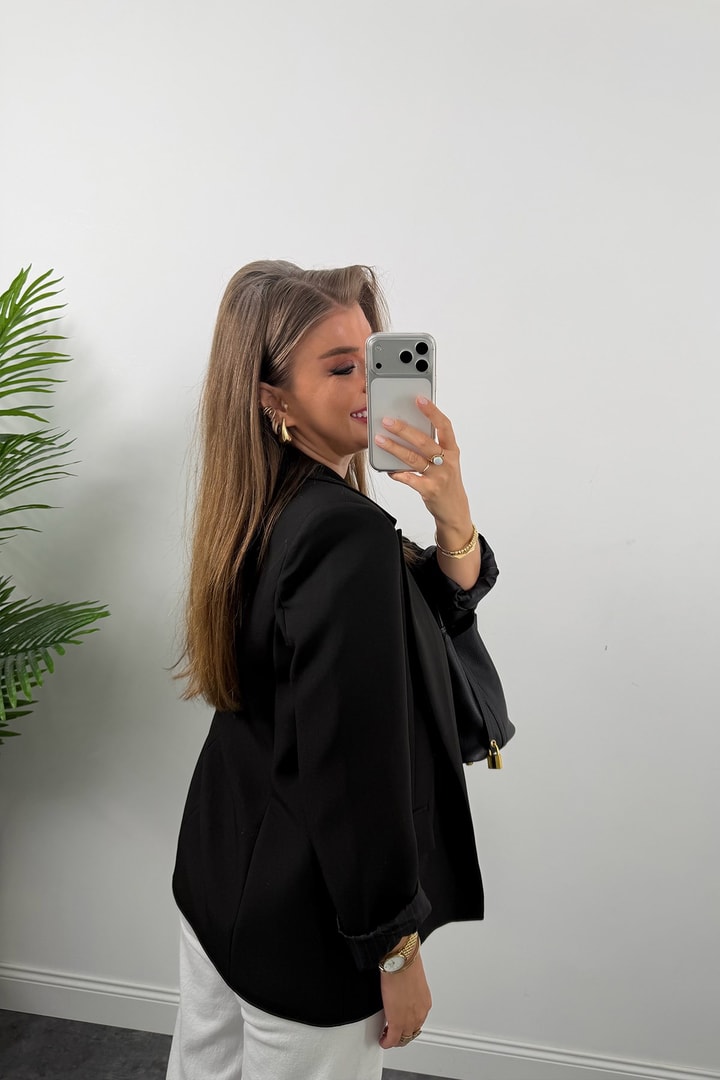 Premium Seri Double Kumaş Çizgili Tona Tona Astar Blazer Siyah