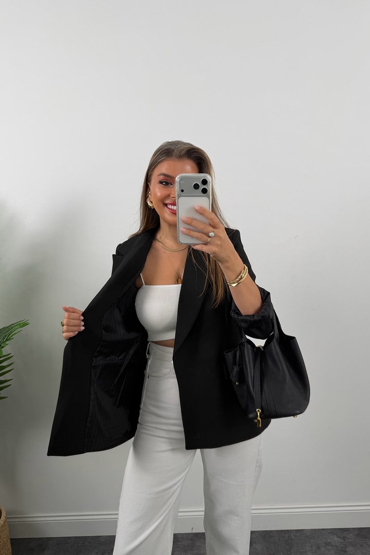 Premium Seri Double Kumaş Çizgili Tona Tona Astar Blazer Siyah