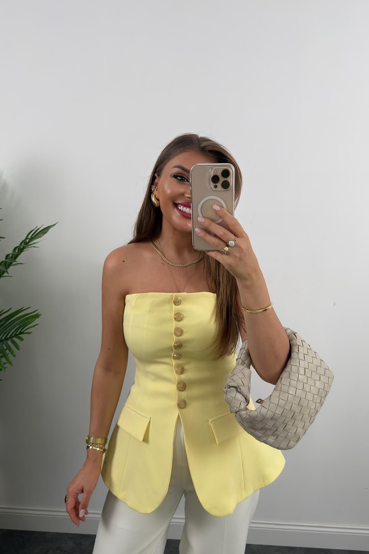 Premium Seri Double Kumaş Gold Düğme Straplez Yelek Sarı