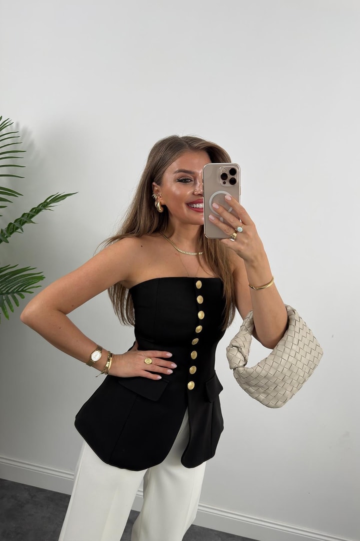 Premium Seri Double Kumaş Gold Düğme Straplez Yelek Siyah