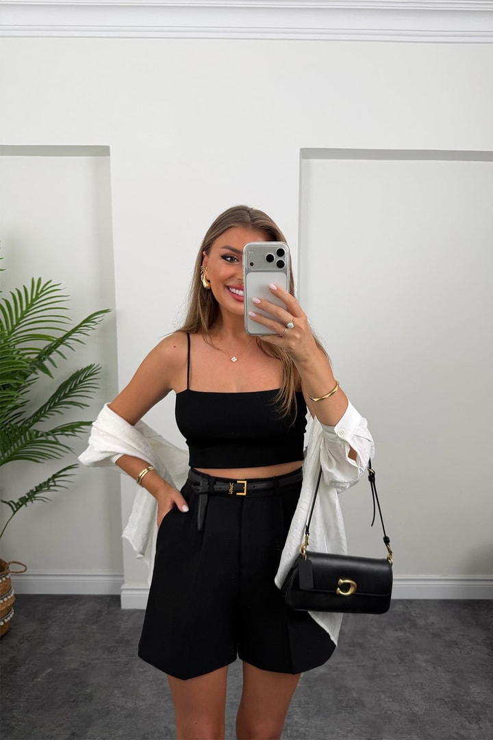 Premium Seri Double Kumaş Şehir Boy Klasik Kumaş Şort Siyah 