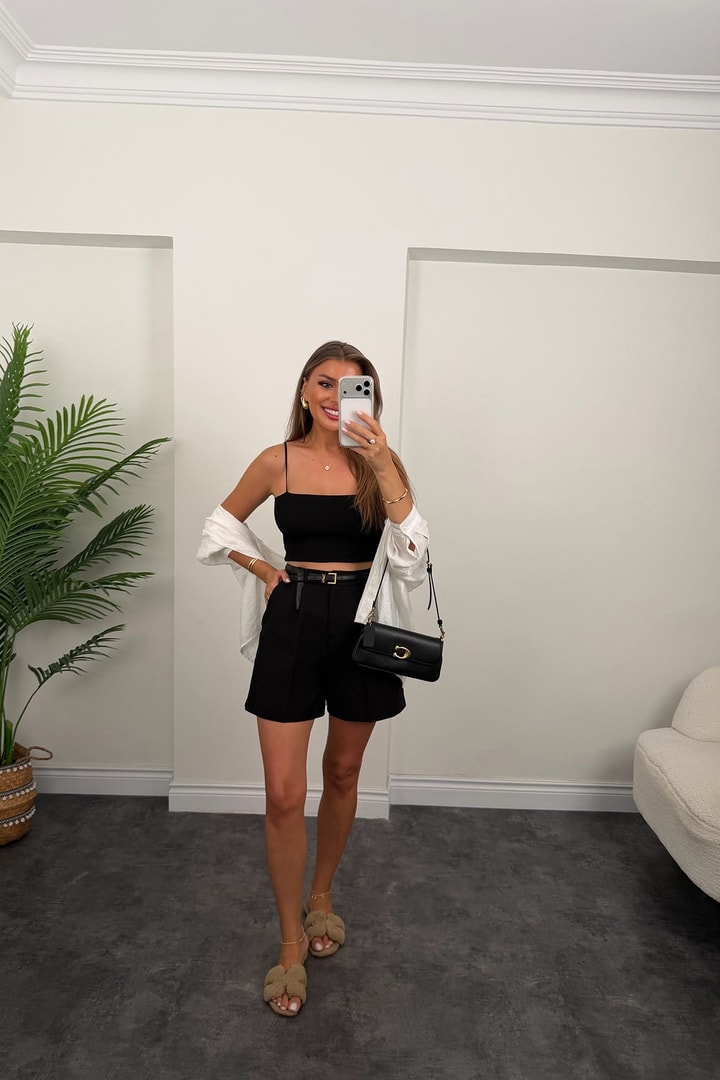 Premium Seri Double Kumaş Şehir Boy Klasik Kumaş Şort Siyah 