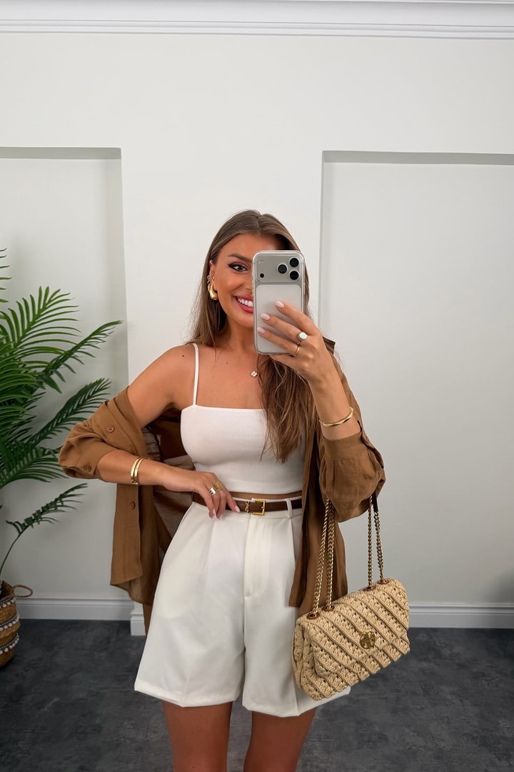 Premium Seri Double Kumaş Şehir Boy Klasik Kumaş Şort Ekru 