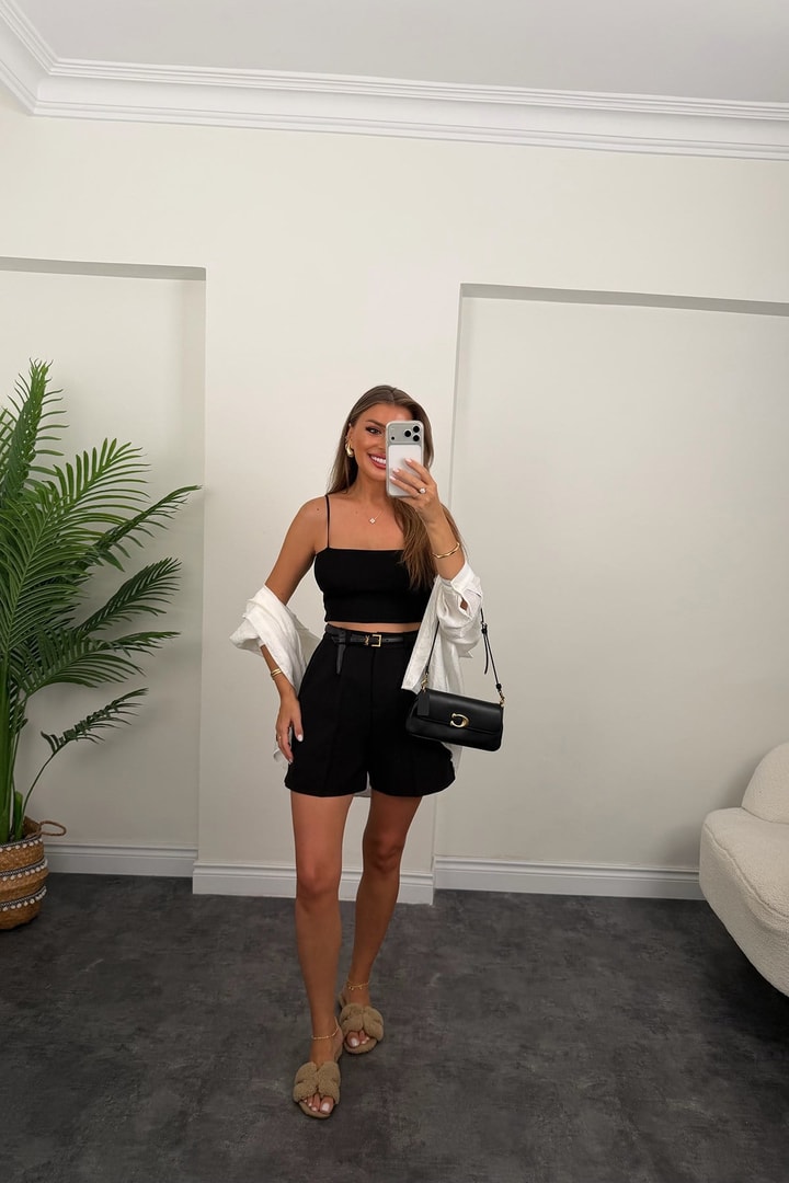 Premium Seri Double Kumaş Şehir Boy Klasik Kumaş Şort Siyah 