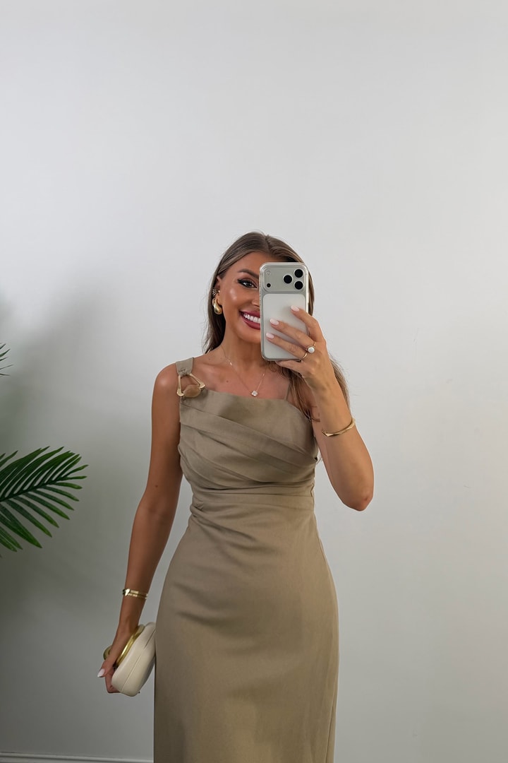 Premium Seri Drapeli Omuz Detaylı Ham Keten Elbise Natural Taş