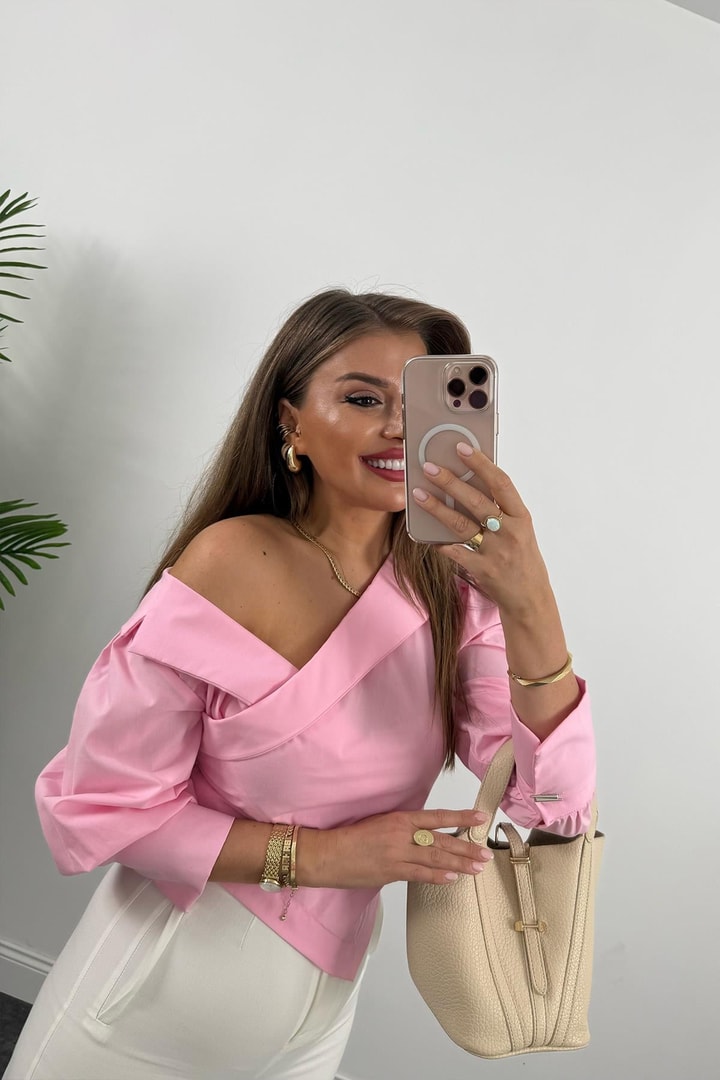 Premium Seri Düşük Omuz Tasarım Poplin Gömlek Pembe