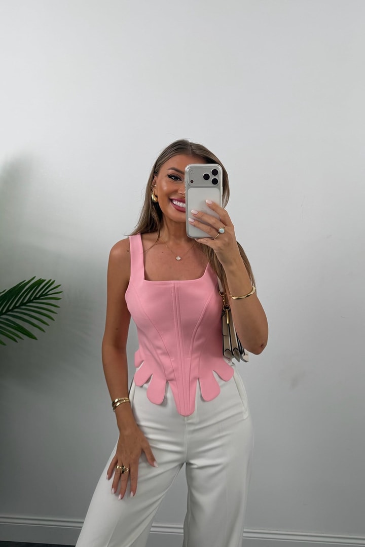 Premium Seri Eteği Dilimli Tasarım Korse Bluz Pastel Pembe 