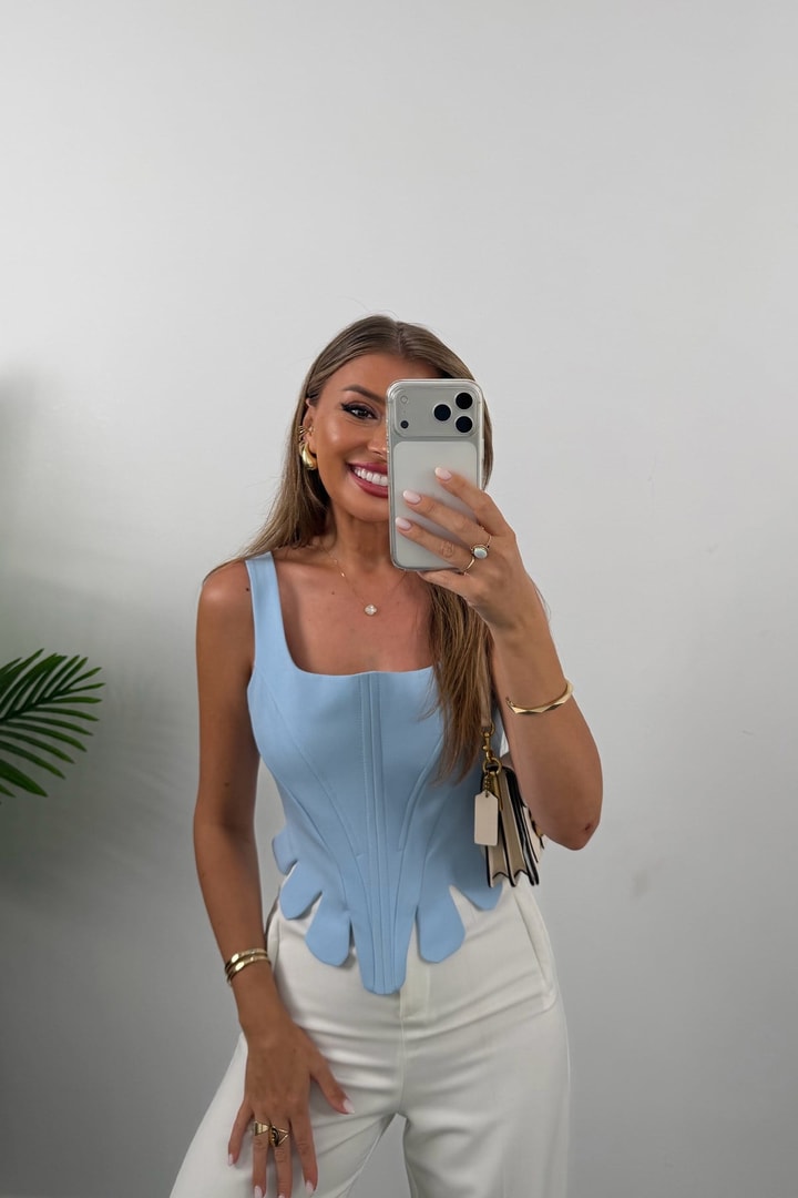 Premium Seri Eteği Dilimli Tasarım Korse Bluz Pastel Mavi