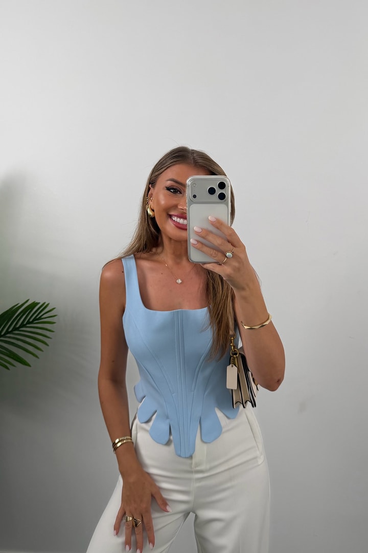 Premium Seri Eteği Dilimli Tasarım Korse Bluz Pastel Mavi