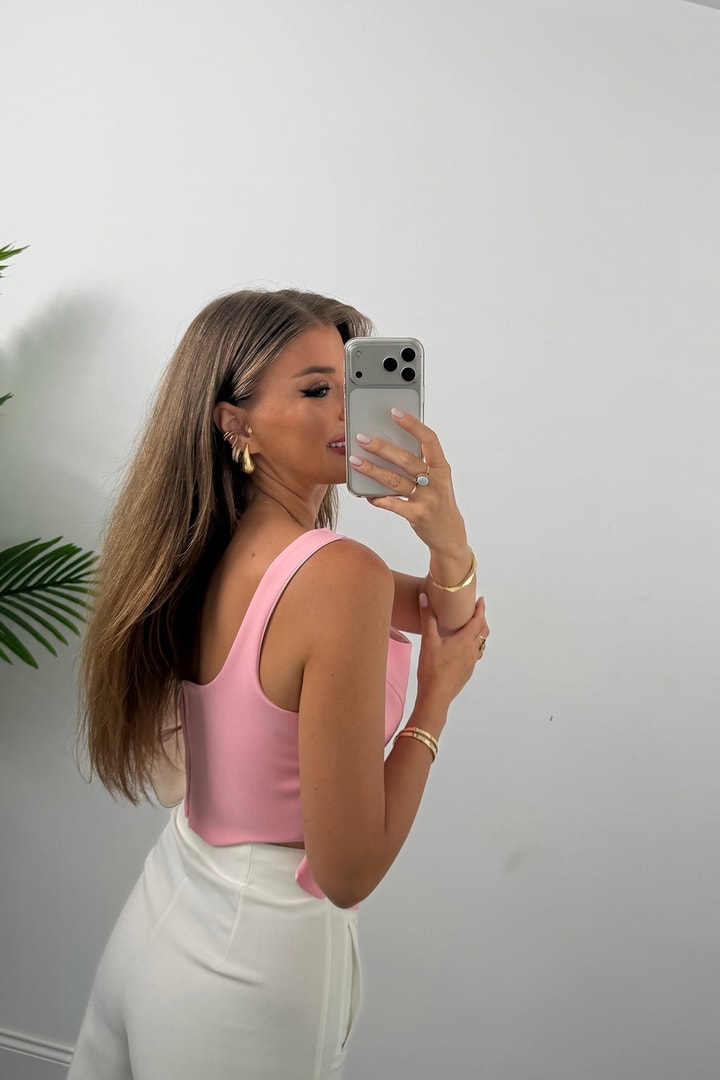 Premium Seri Eteği Dilimli Tasarım Korse Bluz Pastel Pembe 