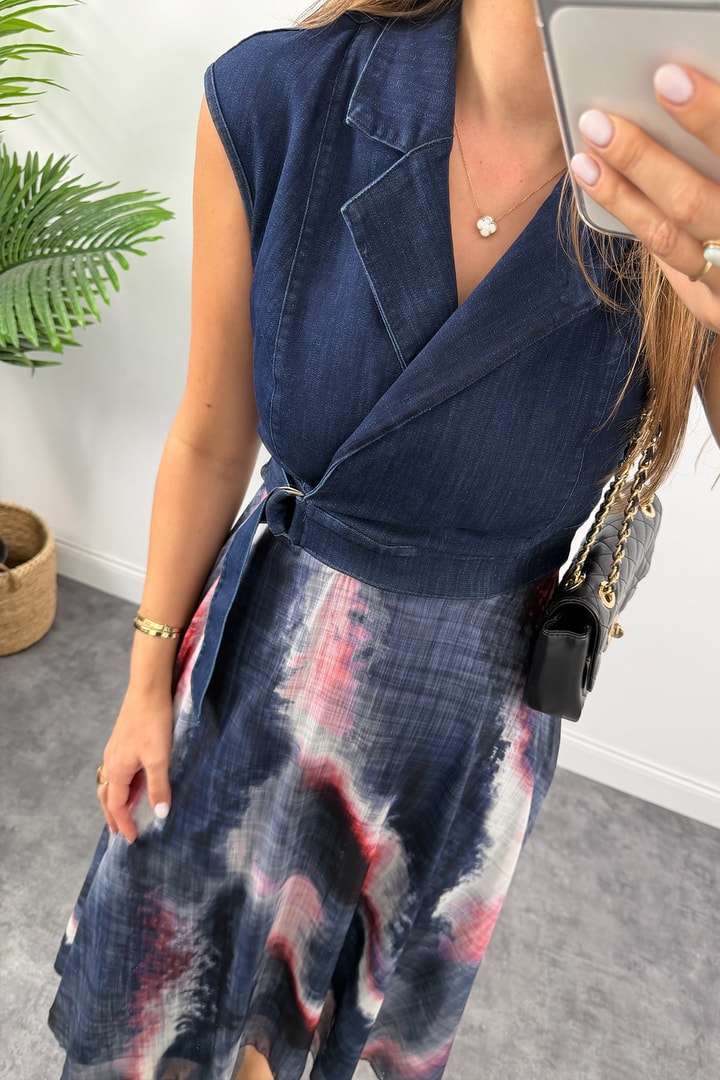 Premium Seri Eteği Tasarım Midi Boy Kloş Jean Elbise Renkli