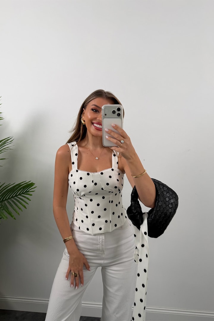 Premium Seri Fularlı Puantiyeli Korse Bluz Beyaz