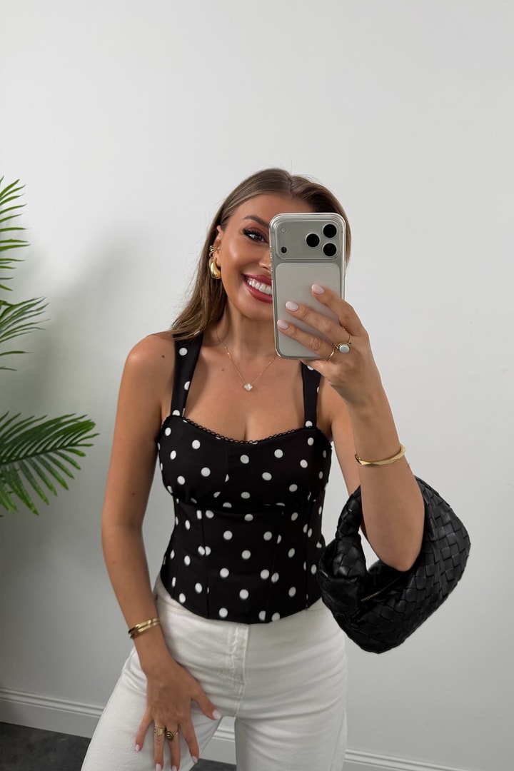 Premium Seri Fularlı Puantiyeli Korse Bluz Siyah