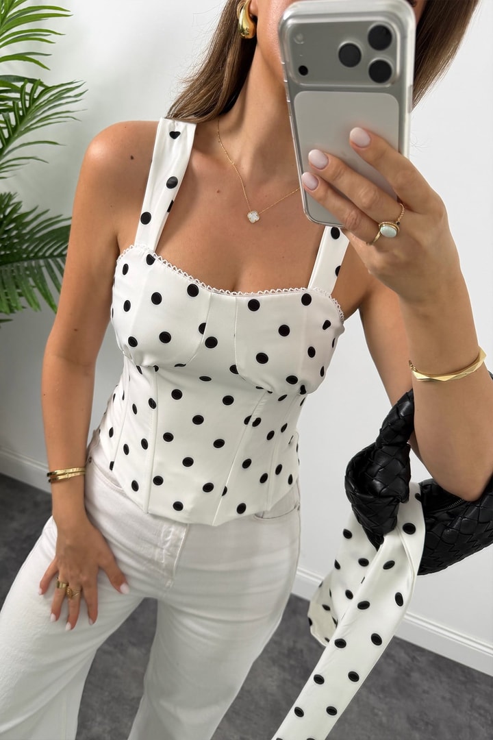 Premium Seri Fularlı Puantiyeli Korse Bluz Beyaz